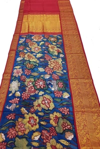 KALAMKARI HAND PAINTED KANCHI BIG BORDER FLORAL  SAREES -KHPPPKBBFS001