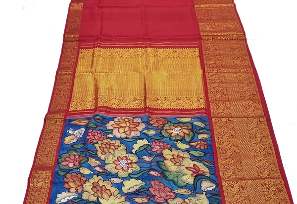 KALAMKARI HAND PAINTED KANCHI BIG BORDER FLORAL  SAREES -KHPPPKBBFS001