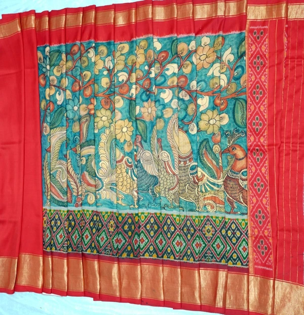 POCHAMPALLY WITH KALAMKARI HAND PAINTED PURE PATTU FLORAL SAREE -PKHPPPFS-001