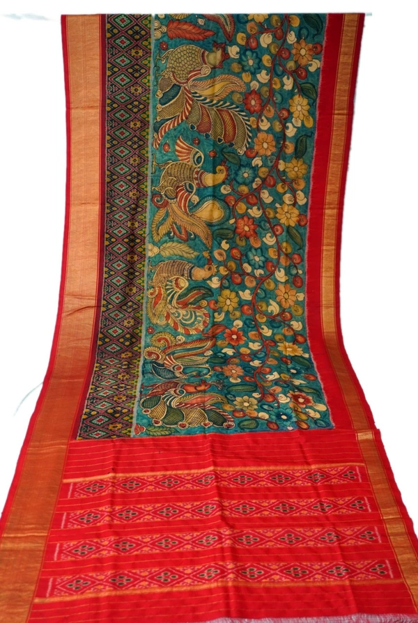 POCHAMPALLY WITH KALAMKARI HAND PAINTED PURE PATTU FLORAL SAREE -PKHPPPFS-001