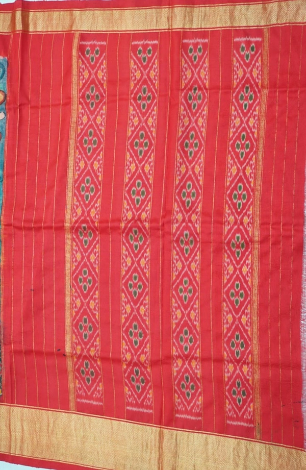 POCHAMPALLY WITH KALAMKARI HAND PAINTED PURE PATTU FLORAL SAREE -PKHPPPFS-001