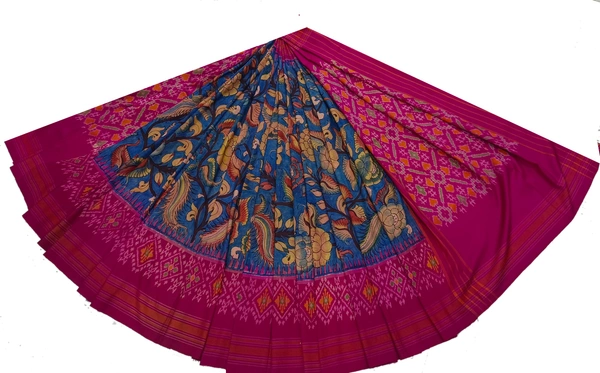 POCHAMPALLY WITH KALAMKARI HAND PAINTED PURE PATTU FLORAL SAREE -PKHPPPFS-002