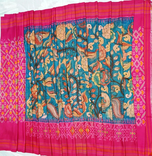 POCHAMPALLY WITH KALAMKARI HAND PAINTED PURE PATTU FLORAL SAREE -PKHPPPFS-002