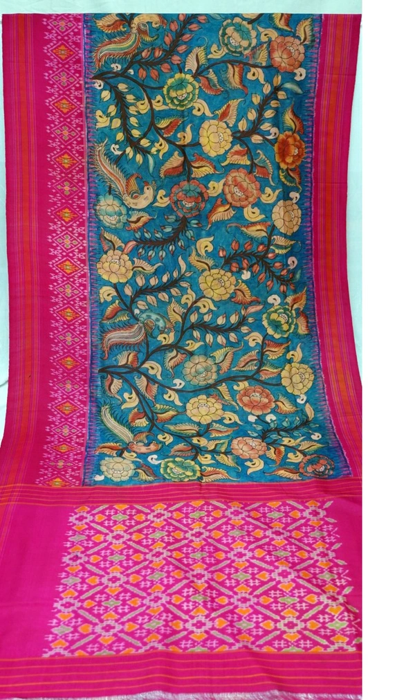 POCHAMPALLY WITH KALAMKARI HAND PAINTED PURE PATTU FLORAL SAREE -PKHPPPFS-002