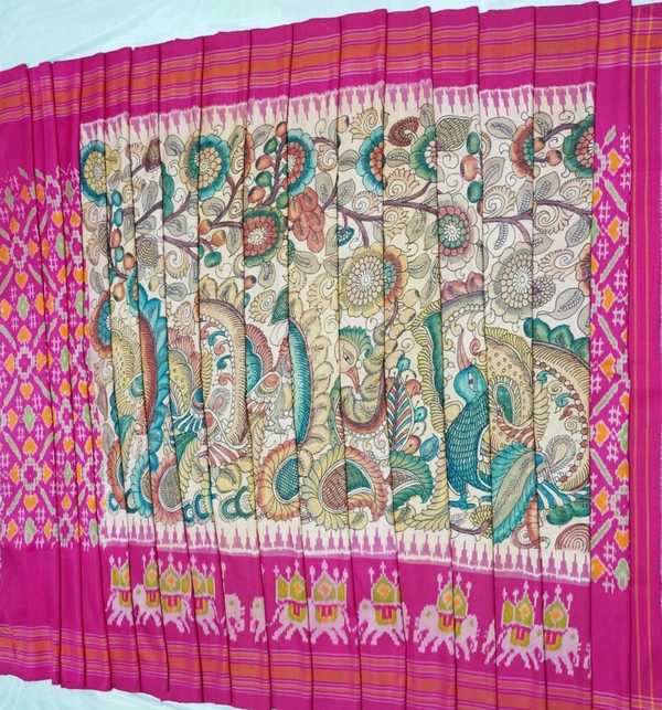 POCHAMPALLY WITH KALAMKARI HAND PAINTED PURE PATTU FLORAL SAREE -PKHPPPFS-004