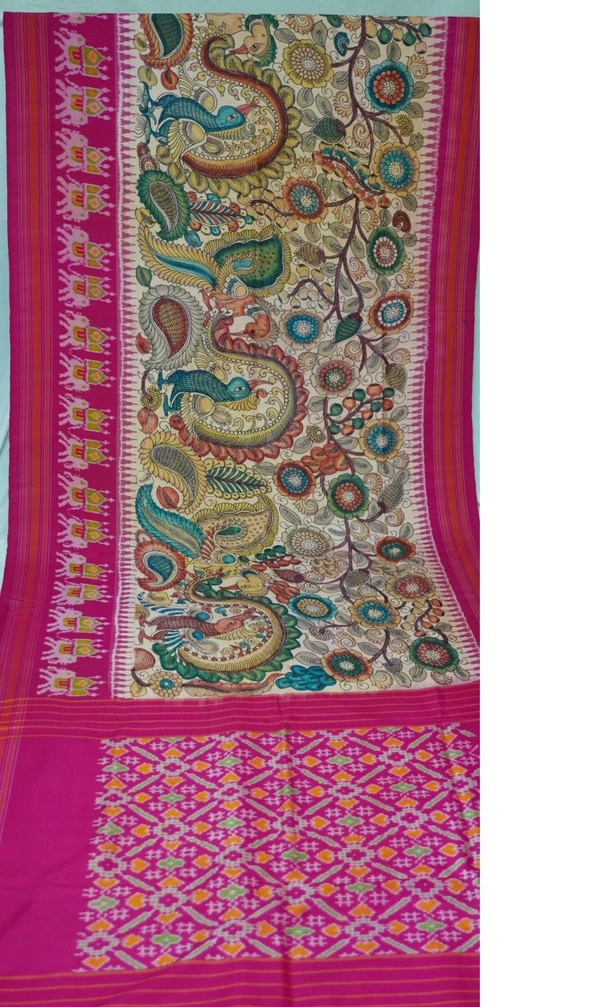 POCHAMPALLY WITH KALAMKARI HAND PAINTED PURE PATTU FLORAL SAREE -PKHPPPFS-004