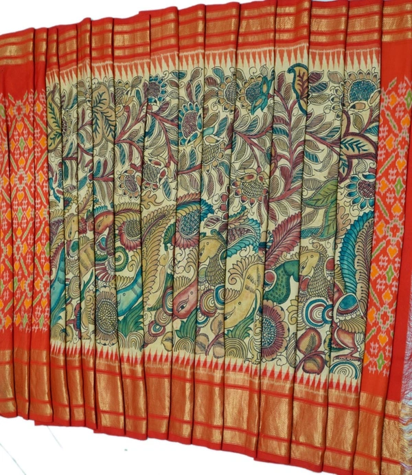 POCHAMPALLY WITH KALAMKARI HAND PAINTED PURE PATTU FLORAL SAREE -PKHPPPFS-005