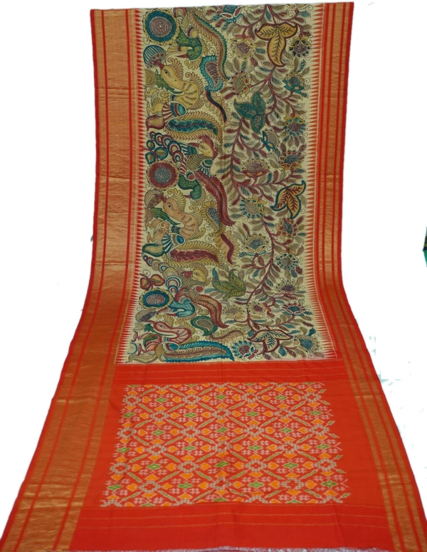 POCHAMPALLY WITH KALAMKARI HAND PAINTED PURE PATTU FLORAL SAREE -PKHPPPFS-005