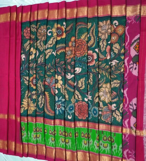 POCHAMPALLY WITH KALAMKARI HAND PAINTED PURE PATTU FLORAL SAREE -PKHPPPFS-006
