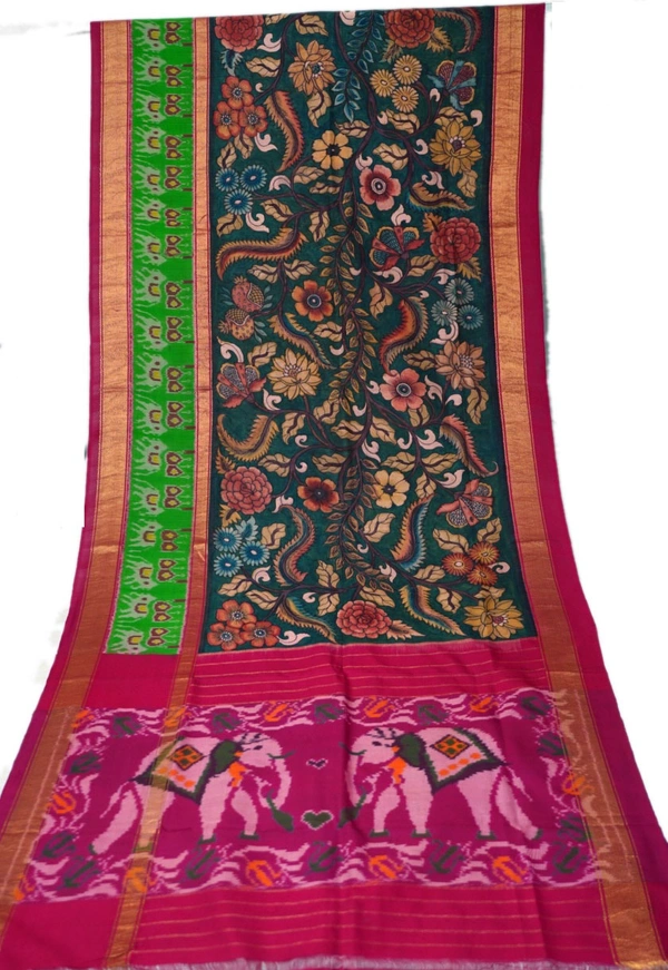 POCHAMPALLY WITH KALAMKARI HAND PAINTED PURE PATTU FLORAL SAREE -PKHPPPFS-006