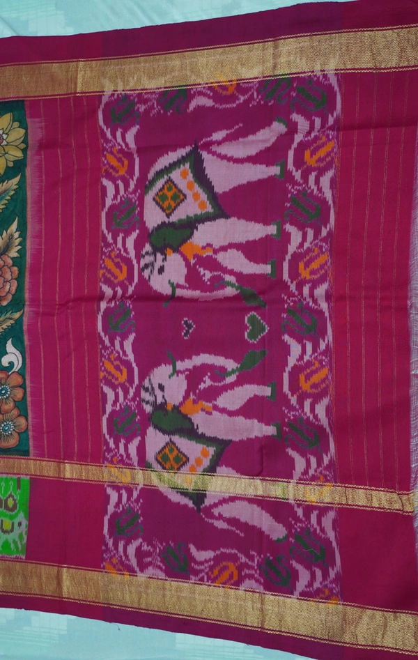 POCHAMPALLY WITH KALAMKARI HAND PAINTED PURE PATTU FLORAL SAREE -PKHPPPFS-006