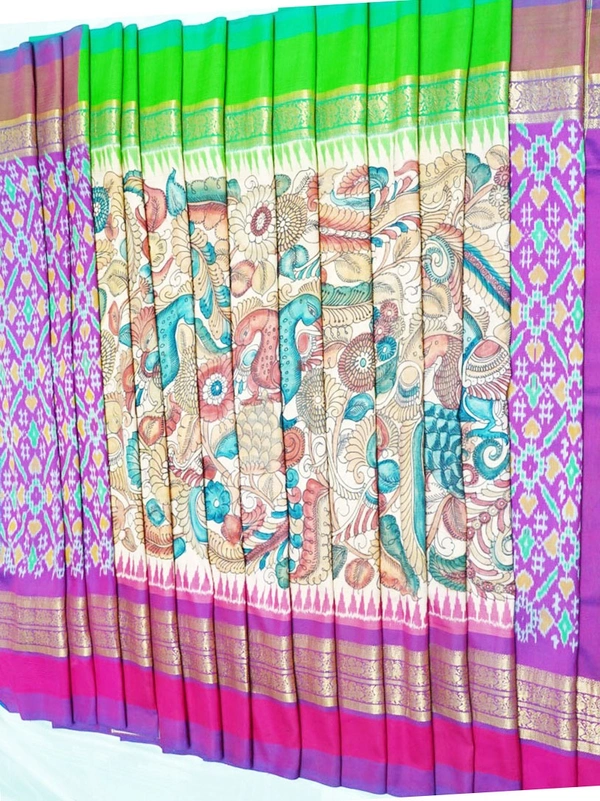 POCHAMPALLY WITH KALAMKARI HAND PAINTED PURE PATTU FLORAL SAREE -PKHPPPFS-007