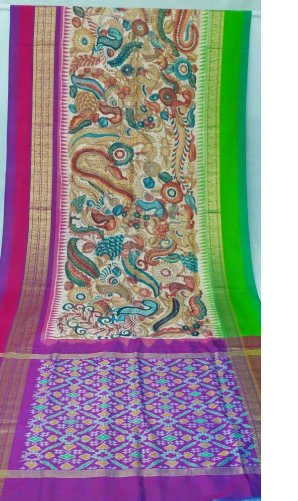 POCHAMPALLY WITH KALAMKARI HAND PAINTED PURE PATTU FLORAL SAREE -PKHPPPFS-007