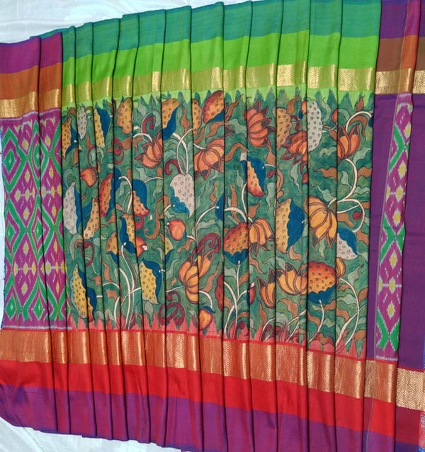 POCHAMPALLY WITH KALAMKARI HAND PAINTED PURE PATTU FLORAL SAREE -PKHPPPFS-008