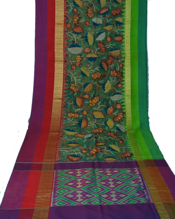 POCHAMPALLY WITH KALAMKARI HAND PAINTED PURE PATTU FLORAL SAREE -PKHPPPFS-008