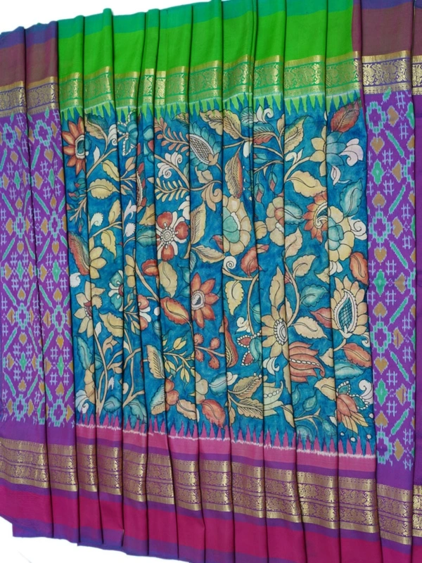 POCHAMPALLY WITH KALAMKARI HAND PAINTED PURE PATTU FLORAL SAREE -PKHPPPFS-009