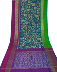 POCHAMPALLY WITH KALAMKARI HAND PAINTED PURE PATTU FLORAL SAREE -PKHPPPFS-009