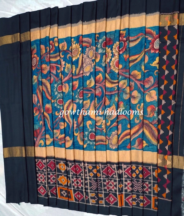 POCHAMPALLY WITH KALAMKARI HAND PAINTED PURE PATTU FLORAL SAREE -PKHPPPFS-010