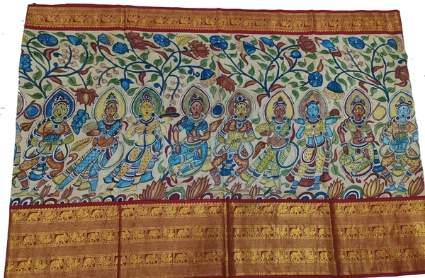 KALAMKARI HAND PAINTED KANCHI BORDER STORY SAREE - KHPKBSS001
