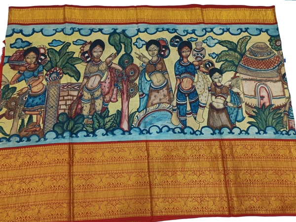 KALAMKARI HAND PAINTED KANCHI BORDER STORY SAREE - KHPKBSS002