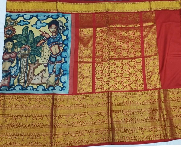 KALAMKARI HAND PAINTED KANCHI BORDER STORY SAREE - KHPKBSS002