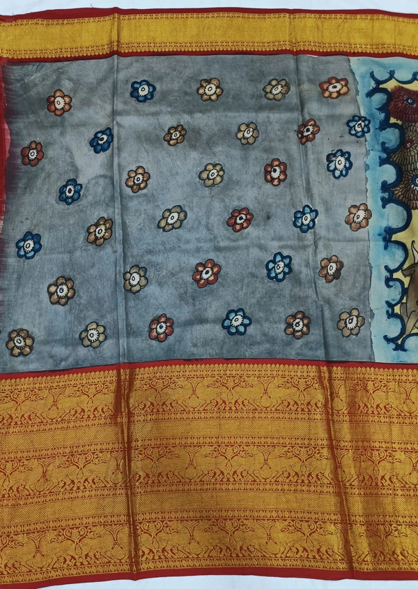 KALAMKARI HAND PAINTED KANCHI BORDER STORY SAREE - KHPKBSS002