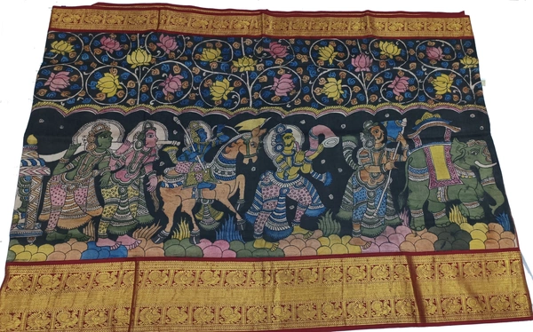 KALAMKARI HAND PAINTED KANCHI BORDER STORY SAREE - KHPKBSS005