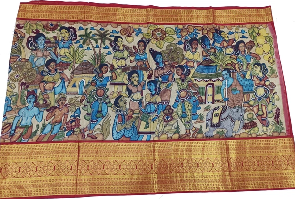 KALAMKARI HAND PAINTED KANCHI BORDER STORY SAREE - KHPKBSS004