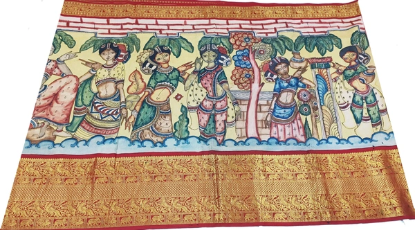 KALAMKARI HAND PAINTED KANCHI BORDER STORY SAREE - KHPKBSS006