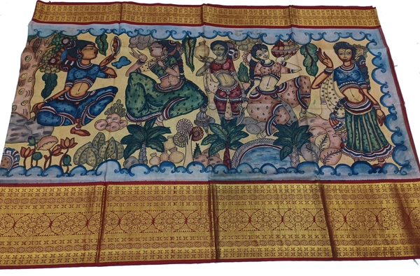 KALAMKARI HAND PAINTED KANCHI BORDER STORY SAREE - KHPKBSS007