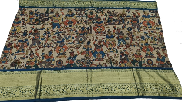 KALAMKARI HAND PAINTED KANCHI BORDER STORY SAREE - KHPKBSS009