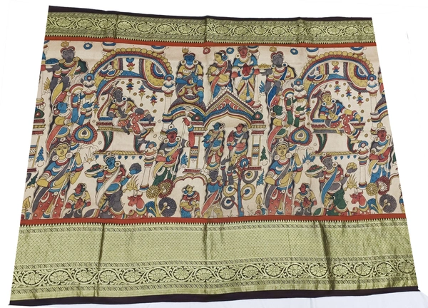 KALAMKARI HAND PAINTED KANCHI BORDER STORY SAREE - KHPKBSS008