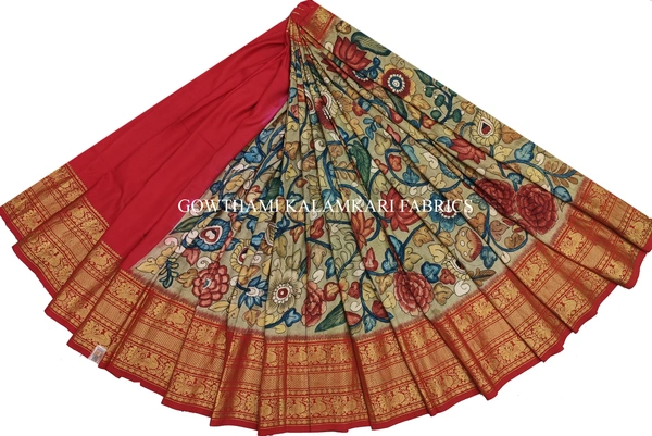 KALAMKARI HAND PAINTED FLORAL LEHENGA -KHPFL008 - UNSTITCHED