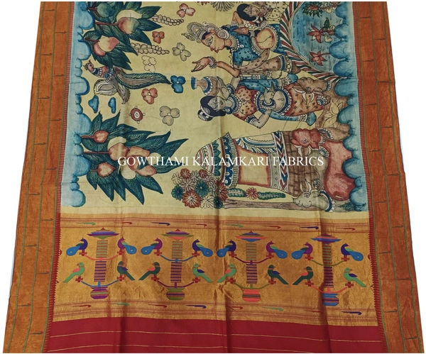 KALAMKARI HAND PAINTED PAITHANI BORDER DUPATTA -KHPPBD005 - STORY WORK