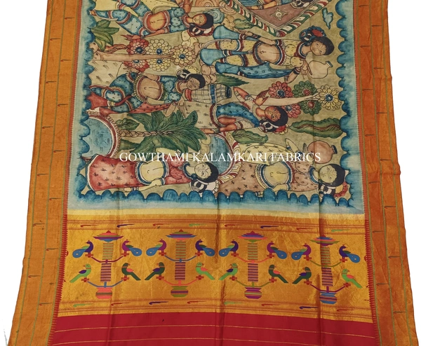 KALAMKARI HAND PAINTED PAITHANI BORDER DUPATTA -KHPPBD011 - STORY WORK