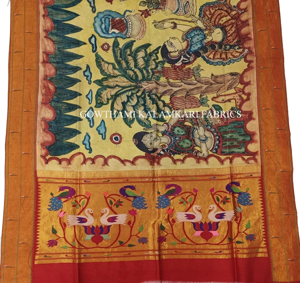 KALAMKARI HAND PAINTED PAITHANI BORDER DUPATTA -KHPPBD026 - STORY WORK