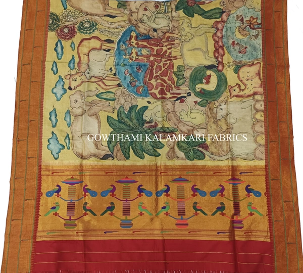 KALAMKARI HAND PAINTED PAITHANI BORDER DUPATTA -KHPPBD027 - STORY WORK