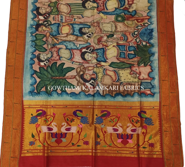 KALAMKARI HAND PAINTED PAITHANI BORDER DUPATTA -KHPPBD028 - FIGURE WORK
