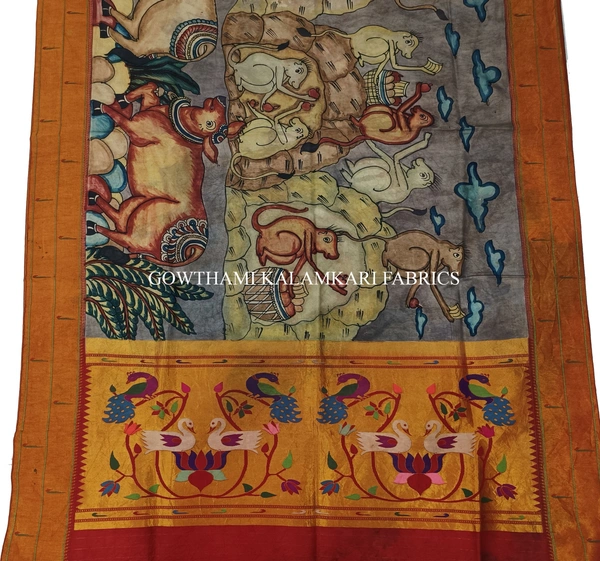 KALAMKARI HAND PAINTED PAITHANI BORDER DUPATTA -KHPPBD029 - STORY WORK