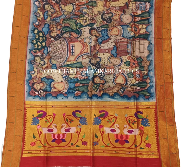 KALAMKARI HAND PAINTED PAITHANI BORDER DUPATTA -KHPPBD030 - FIGURE WORK