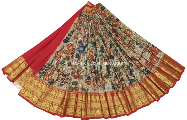 KALAMKARI HAND PAINTED FLORAL LEHENGA -KHPFL026 - UNSTITCHED