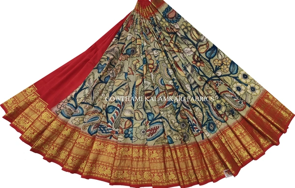 KALAMKARI HAND PAINTED FLORAL LEHENGA -KHPFL027 - UNSTITCHED