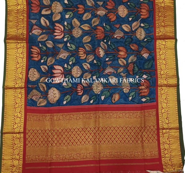 KALAMKARI HAND PAINTED KANCHI BORDER DUPATTA  -KHPKBD001