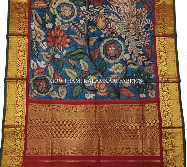 KALAMKARI HAND PAINTED KANCHI BORDER DUPATTA -KHPKBD003