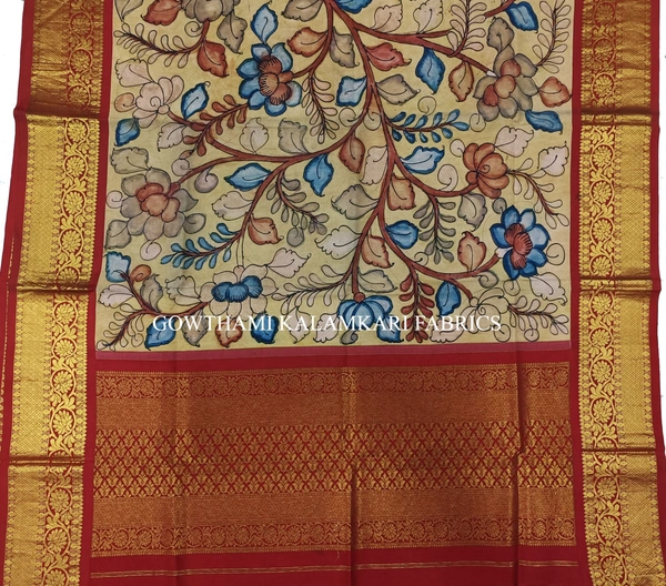 KALAMKARI HAND PAINTED KANCHI BORDER DUPATTA -KHPKBD005