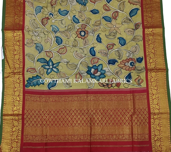 KALAMKARI HAND PAINTED KANCHI BORDER DUPATTA -KHPKBD008
