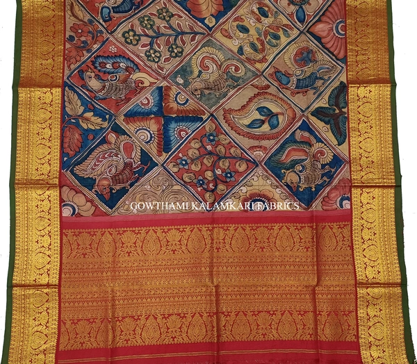 KALAMKARI HAND PAINTED KANCHI BORDER DUPATTA -KHPKBD009