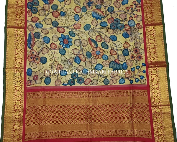 KALAMKARI HAND PAINTED KANCHI BORDER DUPATTA -KHPKBD010