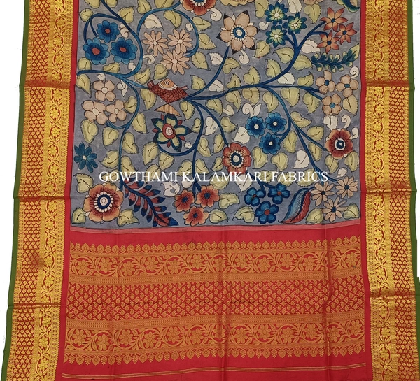 KALAMKARI HAND PAINTED KANCHI BORDER DUPATTA -KHPKBD011