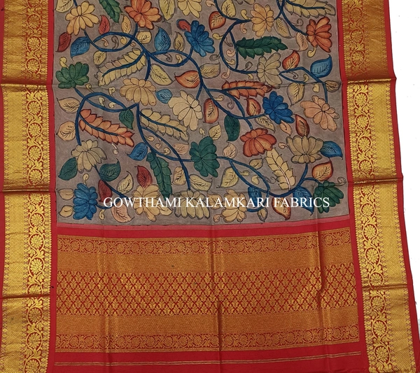 KALAMKARI HAND PAINTED KANCHI BORDER DUPATTA -KHPKBD012